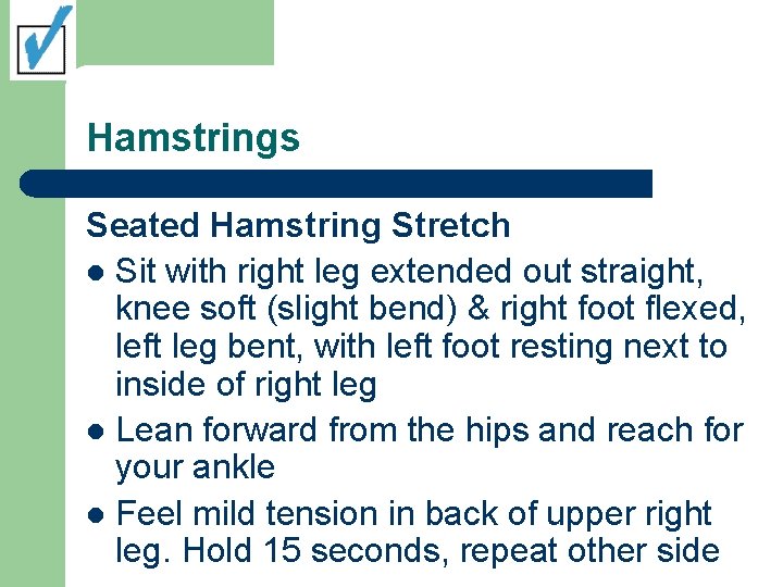 Hamstrings Seated Hamstring Stretch l Sit with right leg extended out straight, knee soft