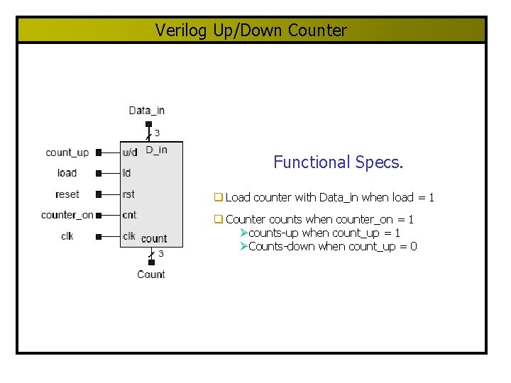 Verilog Up/Down Counter Functional Specs. q Load counter with Data_in when load = 1