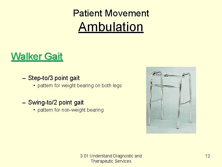 Patient Movement Ambulation Walker Gait – Step-to/3 point gait • pattern for weight bearing