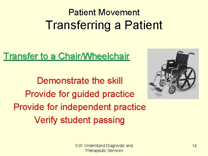 Patient Movement Transferring a Patient Transfer to a Chair/Wheelchair Demonstrate the skill Provide for