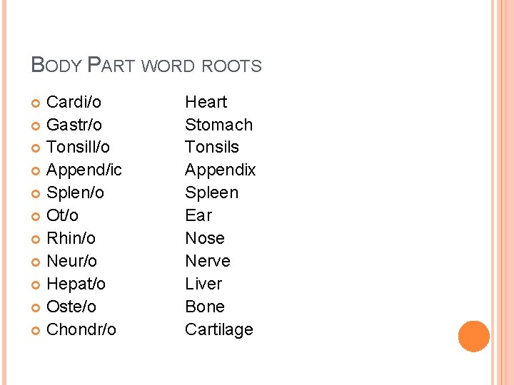 BODY PART WORD ROOTS Cardi/o Gastr/o Tonsill/o Append/ic Splen/o Ot/o Rhin/o Neur/o Hepat/o Oste/o