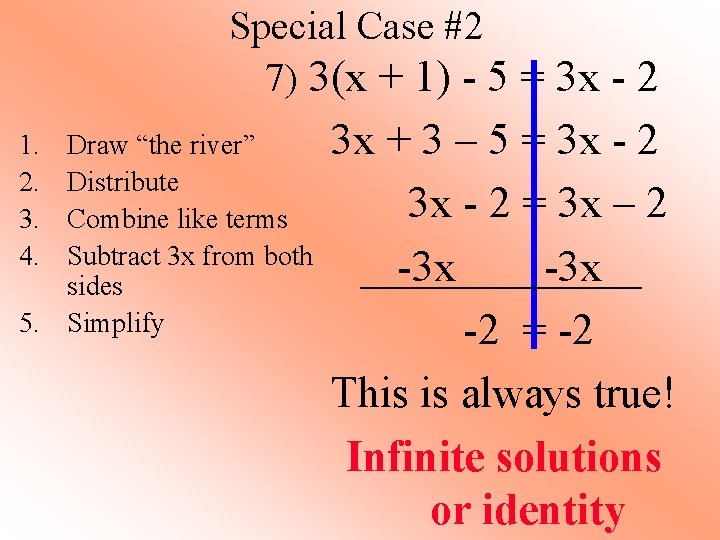 Special Case #2 7) 3(x + 1) - 5 = 3 x - 2