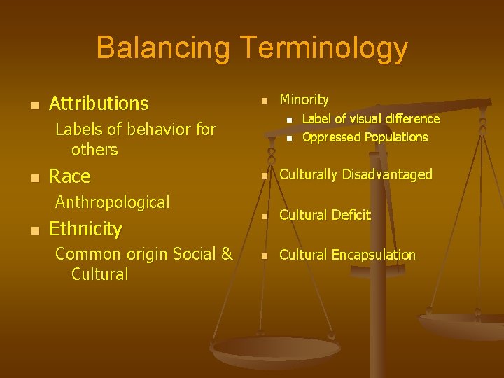 Balancing Terminology n Attributions n n Labels of behavior for others n Race Anthropological