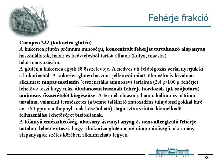 Fehérje frakció Cornpro 232 (kukorica glutén) A kukorica glutén prémium minőségű, koncentrált fehérjét tartalmazó