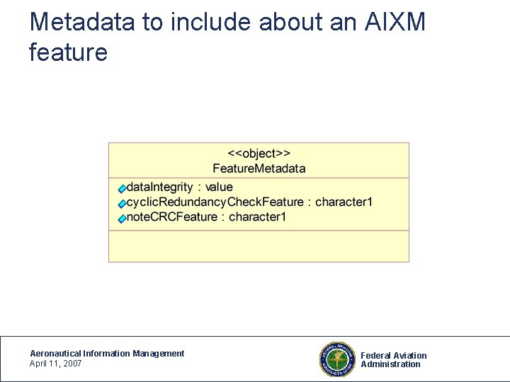 Metadata to include about an AIXM feature Aeronautical Information Management April 11, 2007 Federal