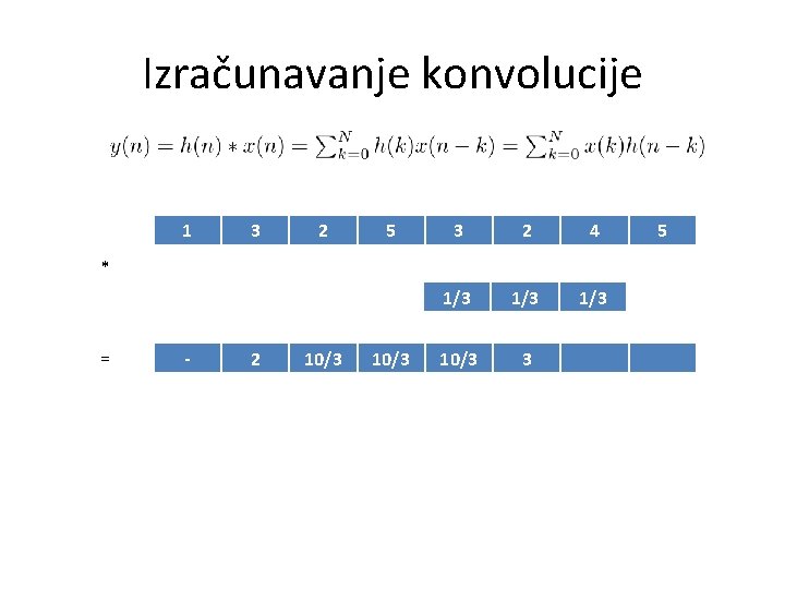 Izračunavanje konvolucije 1 3 2 5 3 2 4 1/3 1/3 10/3 3 *