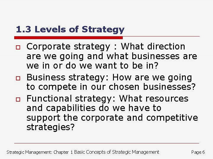 1. 3 Levels of Strategy o o o Corporate strategy : What direction are