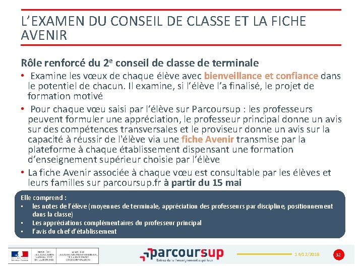 L’EXAMEN DU CONSEIL DE CLASSE ET LA FICHE AVENIR Rôle renforcé du 2 e