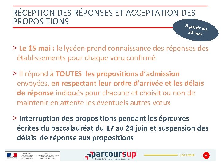 RÉCEPTION DES RÉPONSES ET ACCEPTATION DES PROPOSITIONS A part ir du 15 mai >