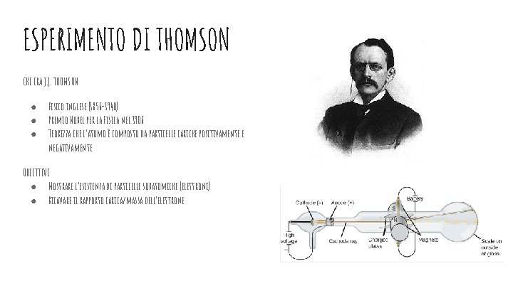 ESPERIMENTO DI THOMSON CHI ERA J. J. THOMSON ● ● ● Fisico inglese (1856