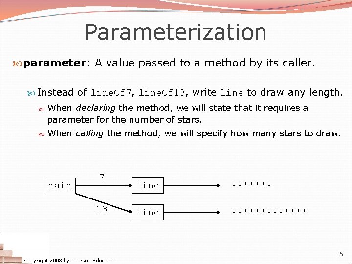 Parameterization parameter: A value passed to a method by its caller. Instead of line. Parameterization parameter: A value passed to a method by its caller. Instead of line.