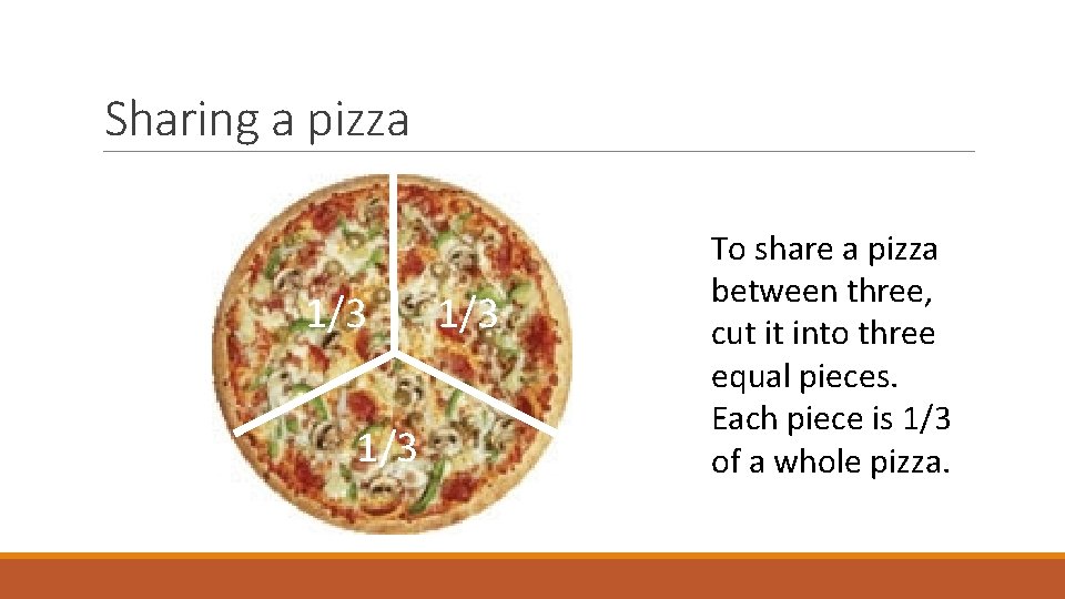 Sharing a pizza 1/3 1/3 To share a pizza between three, cut it into Sharing a pizza 1/3 1/3 To share a pizza between three, cut it into