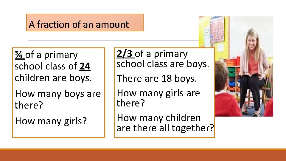 A fraction of an amount ¾ of a primary school class of 24 children A fraction of an amount ¾ of a primary school class of 24 children