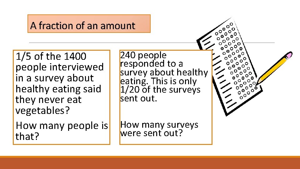 A fraction of an amount 1/5 of the 1400 people interviewed in a survey A fraction of an amount 1/5 of the 1400 people interviewed in a survey