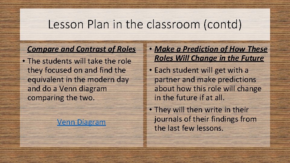 Lesson Plan in the classroom (contd) Compare and Contrast of Roles • The students