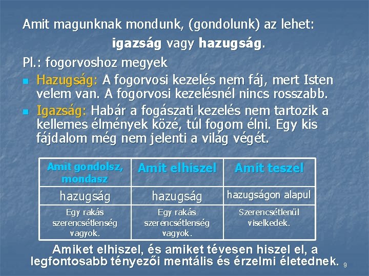 Amit magunknak mondunk, (gondolunk) az lehet: igazság vagy hazugság. Pl. : fogorvoshoz megyek n