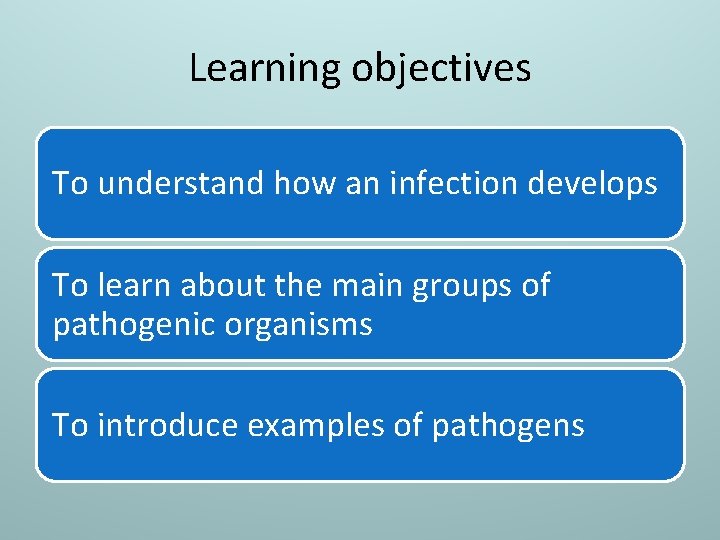 Learning objectives To understand how an infection develops To learn about the main groups