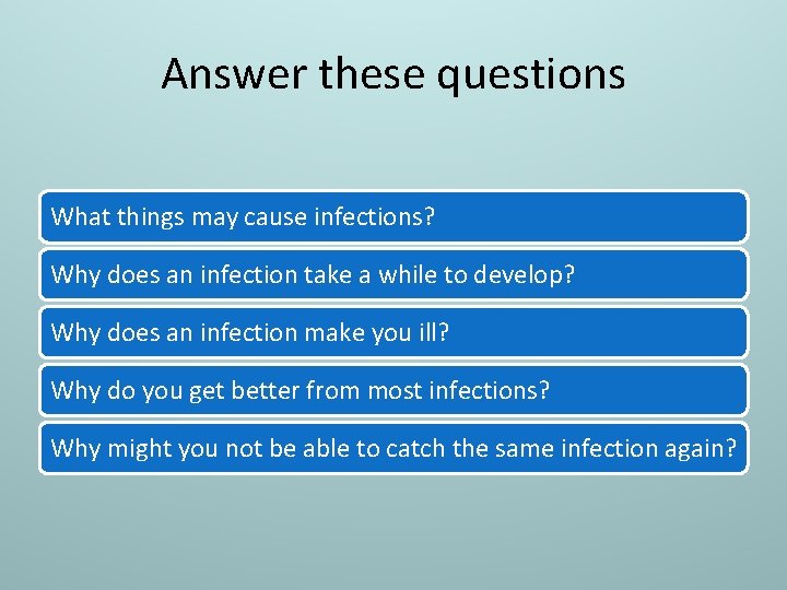 Answer these questions What things may cause infections? Why does an infection take a