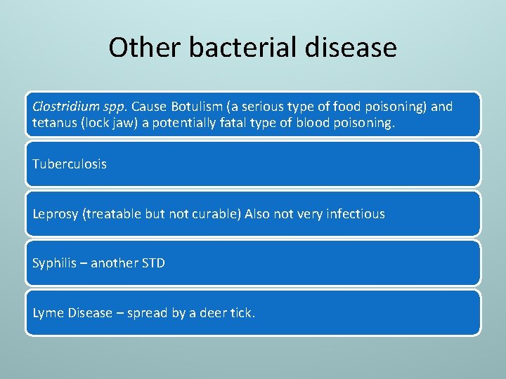 Other bacterial disease Clostridium spp. Cause Botulism (a serious type of food poisoning) and