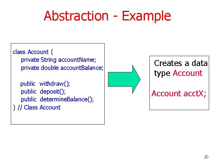 Abstraction - Example class Account { private String account. Name; private double account. Balance; Abstraction - Example class Account { private String account. Name; private double account. Balance;