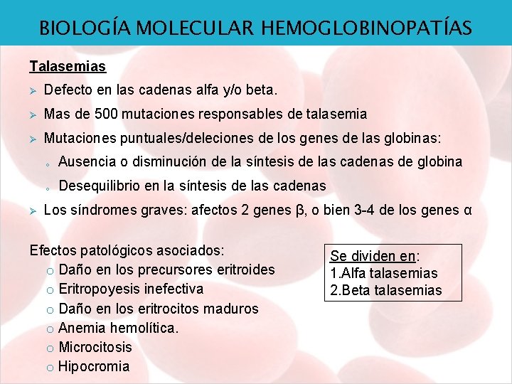 BIOLOGÍA MOLECULAR HEMOGLOBINOPATÍAS Talasemias Ø Defecto en las cadenas alfa y/o beta. Ø Mas