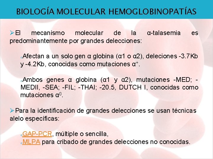 BIOLOGÍA MOLECULAR HEMOGLOBINOPATÍAS ØEl mecanismo molecular de la α-talasemia predominantemente por grandes delecciones: es