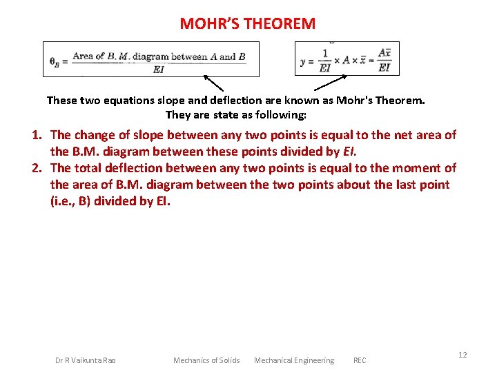 MOHR’S THEOREM These two equations slope and deflection are known as Mohr's Theorem. They