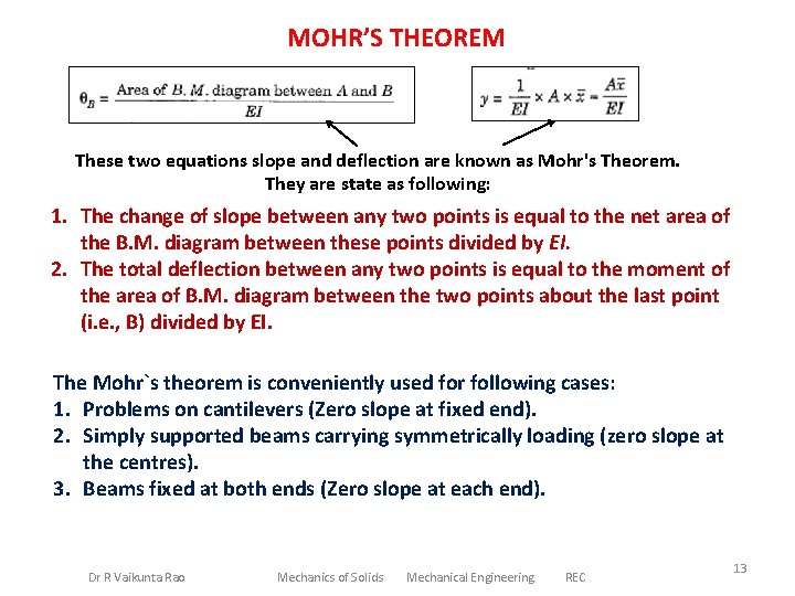 MOHR’S THEOREM These two equations slope and deflection are known as Mohr's Theorem. They