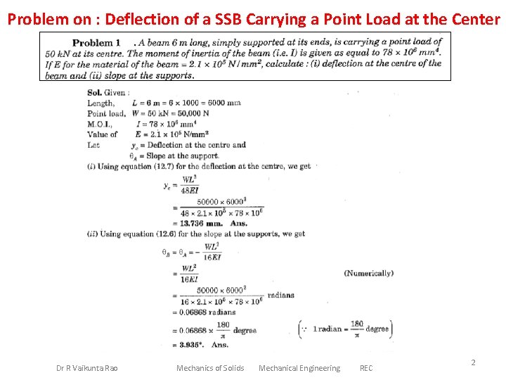 Problem on : Deflection of a SSB Carrying a Point Load at the Center
