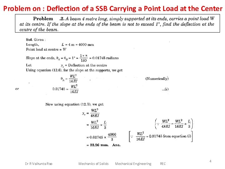 Problem on : Deflection of a SSB Carrying a Point Load at the Center