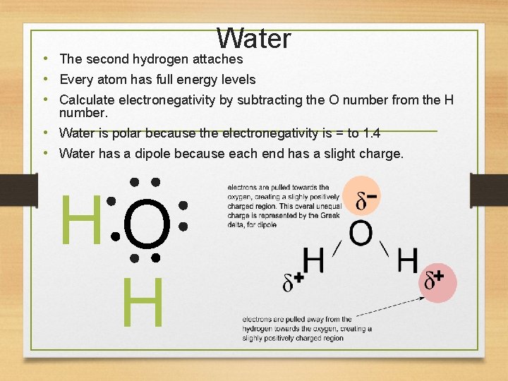 Water • The second hydrogen attaches • Every atom has full energy levels •