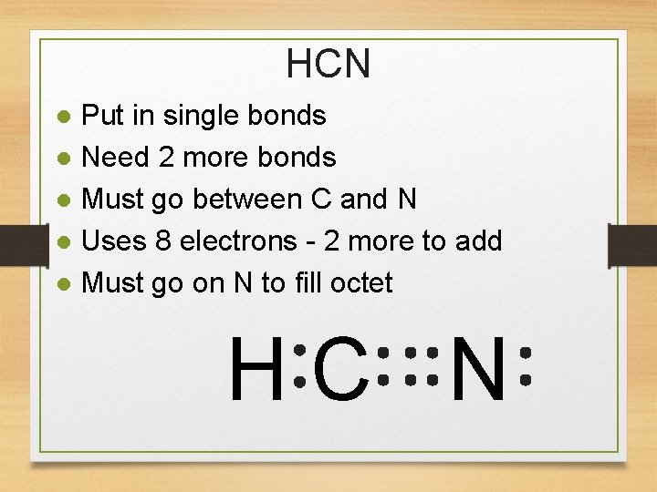 HCN Put in single bonds Need 2 more bonds Must go between C and