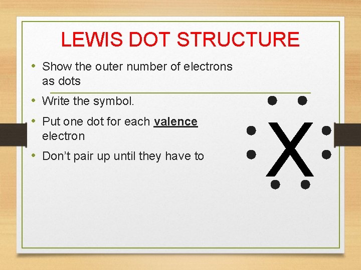 LEWIS DOT STRUCTURE • Show the outer number of electrons as dots • Write
