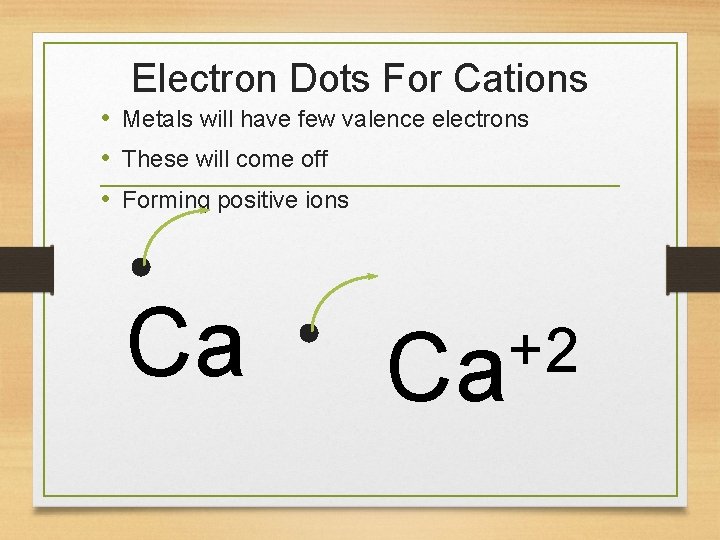 Electron Dots For Cations • Metals will have few valence electrons • These will