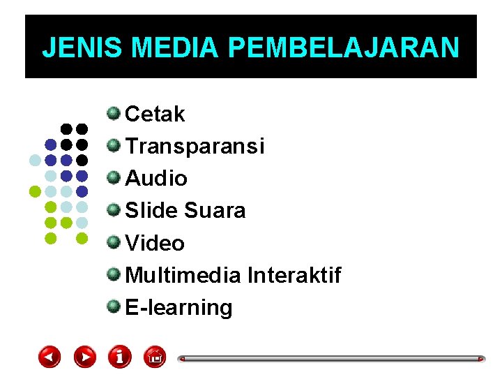 JENIS MEDIA PEMBELAJARAN Cetak Transparansi Audio Slide Suara Video Multimedia Interaktif E-learning 