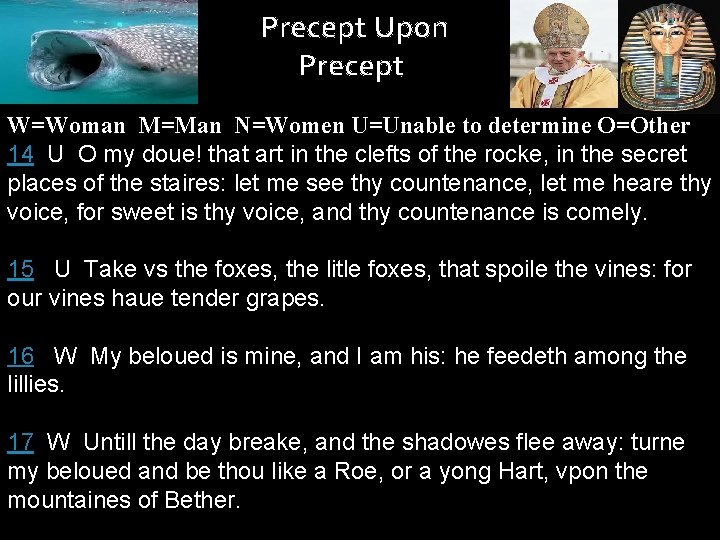 Precept Upon Precept W=Woman M=Man N=Women U=Unable to determine O=Other 14 U O my