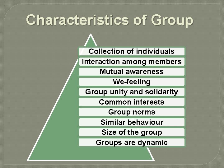 Characteristics of Group Collection of individuals Interaction among members Mutual awareness We-feeling Group unity