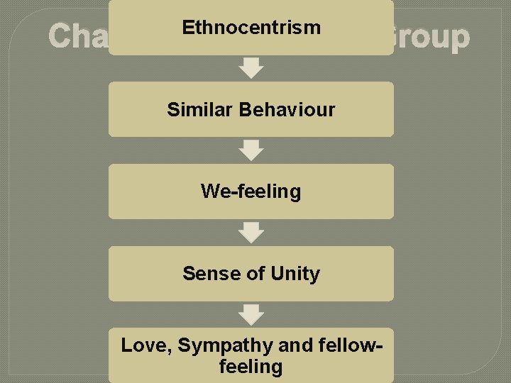 Characteristics of In-Group Ethnocentrism Similar Behaviour We-feeling Sense of Unity Love, Sympathy and fellowfeeling