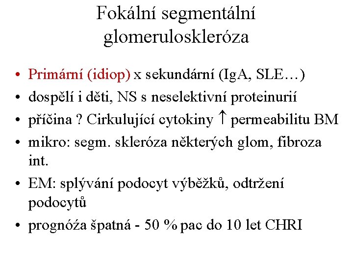 Fokální segmentální glomeruloskleróza • • Primární (idiop) x sekundární (Ig. A, SLE…) dospělí i