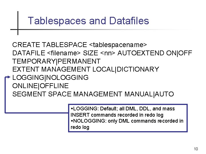 Tablespaces and Datafiles CREATE TABLESPACE <tablespacename> DATAFILE <filename> SIZE <nn> AUTOEXTEND ON|OFF TEMPORARY|PERMANENT EXTENT Tablespaces and Datafiles CREATE TABLESPACE <tablespacename> DATAFILE <filename> SIZE <nn> AUTOEXTEND ON|OFF TEMPORARY|PERMANENT EXTENT