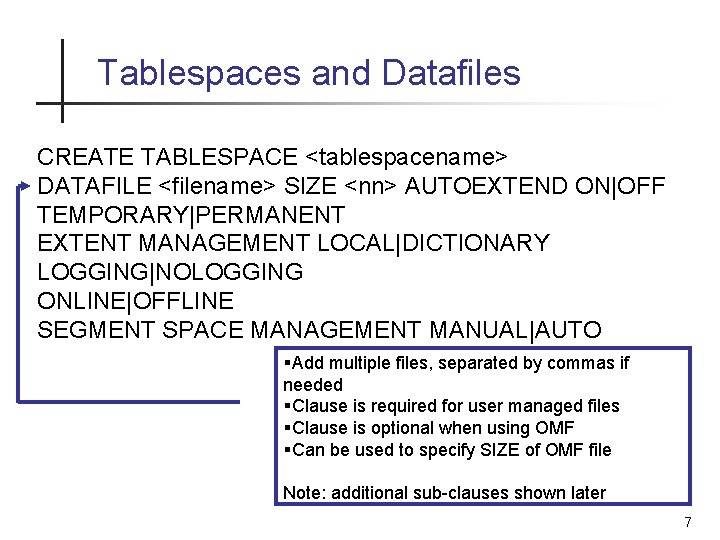 Tablespaces and Datafiles CREATE TABLESPACE <tablespacename> DATAFILE <filename> SIZE <nn> AUTOEXTEND ON|OFF TEMPORARY|PERMANENT EXTENT Tablespaces and Datafiles CREATE TABLESPACE <tablespacename> DATAFILE <filename> SIZE <nn> AUTOEXTEND ON|OFF TEMPORARY|PERMANENT EXTENT