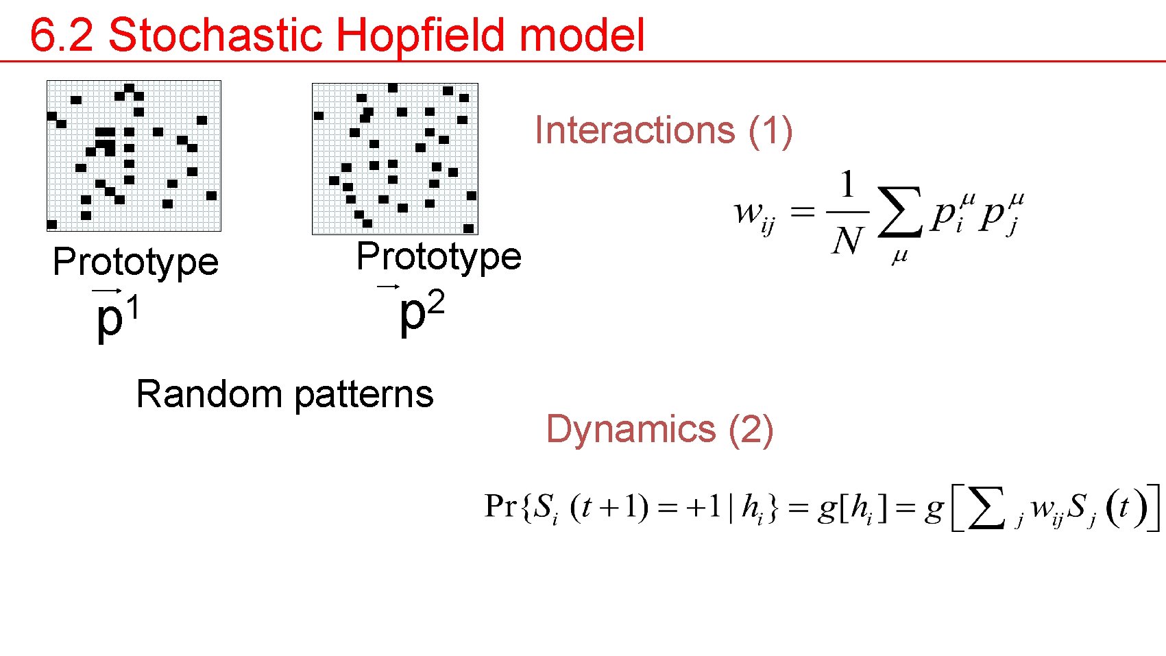 6. 2 Stochastic Hopfield model Interactions (1) Prototype 1 p Prototype 2 p Random