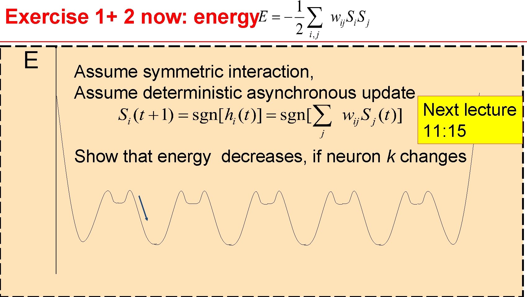 Exercise 1+ 2 now: energy E Assume symmetric interaction, Assume deterministic asynchronous update Next