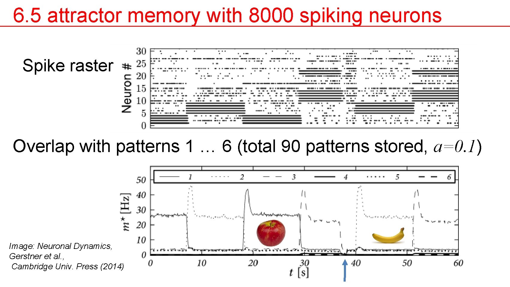 6. 5 attractor memory with 8000 spiking neurons Spike raster Overlap with patterns 1