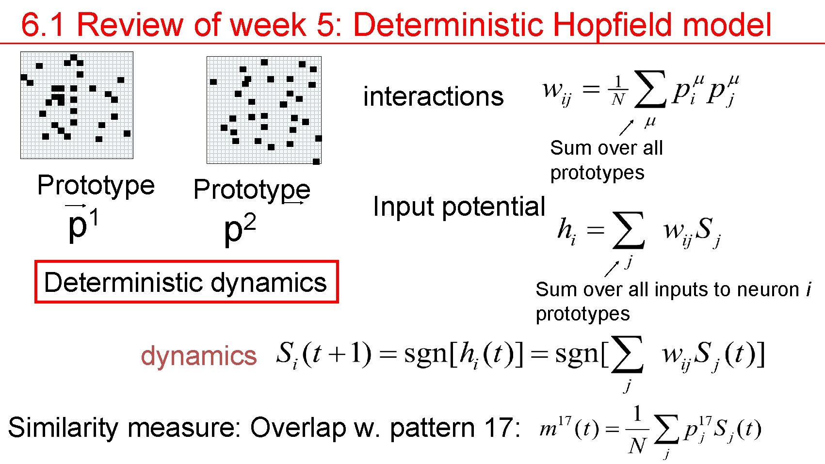 6. 1 Review of week 5: Deterministic Hopfield model interactions Prototype 1 p Prototype