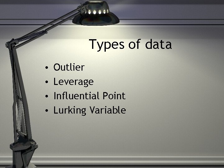 Types of data • • Outlier Leverage Influential Point Lurking Variable 