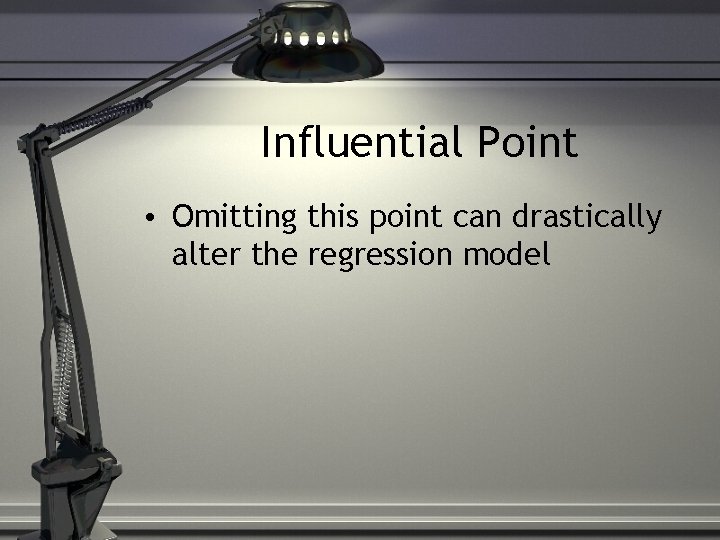 Influential Point • Omitting this point can drastically alter the regression model 