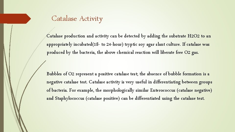 Catalase Activity Catalase production and activity can be detected by adding the substrate H