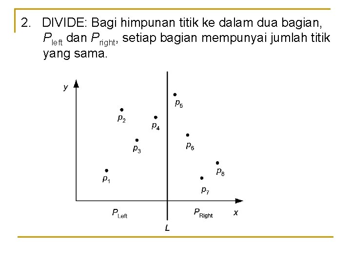 2. DIVIDE: Bagi himpunan titik ke dalam dua bagian, Pleft dan Pright, setiap bagian