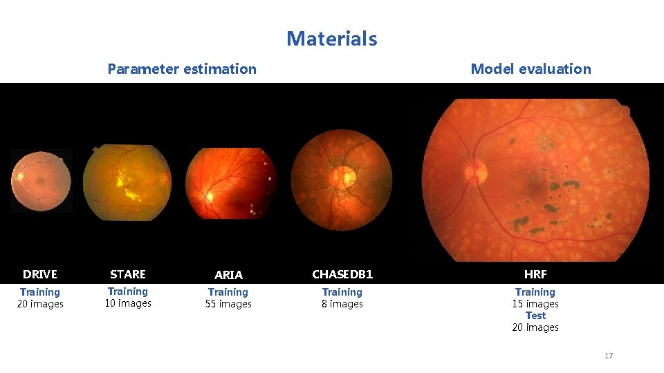 Materials Model evaluation Parameter estimation DRIVE STARE ARIA CHASEDB 1 HRF Training 20 images